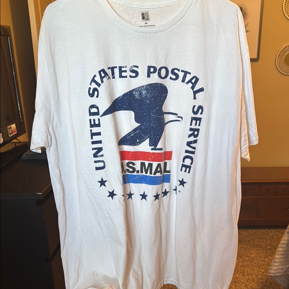 White and Blue Short Sleeve Tee with Postal Graphic